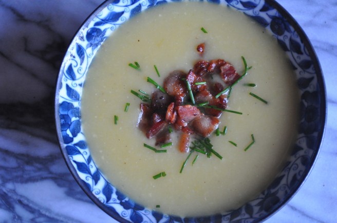 Potato-Leek Soup topped with Chopped Bacon and Chives